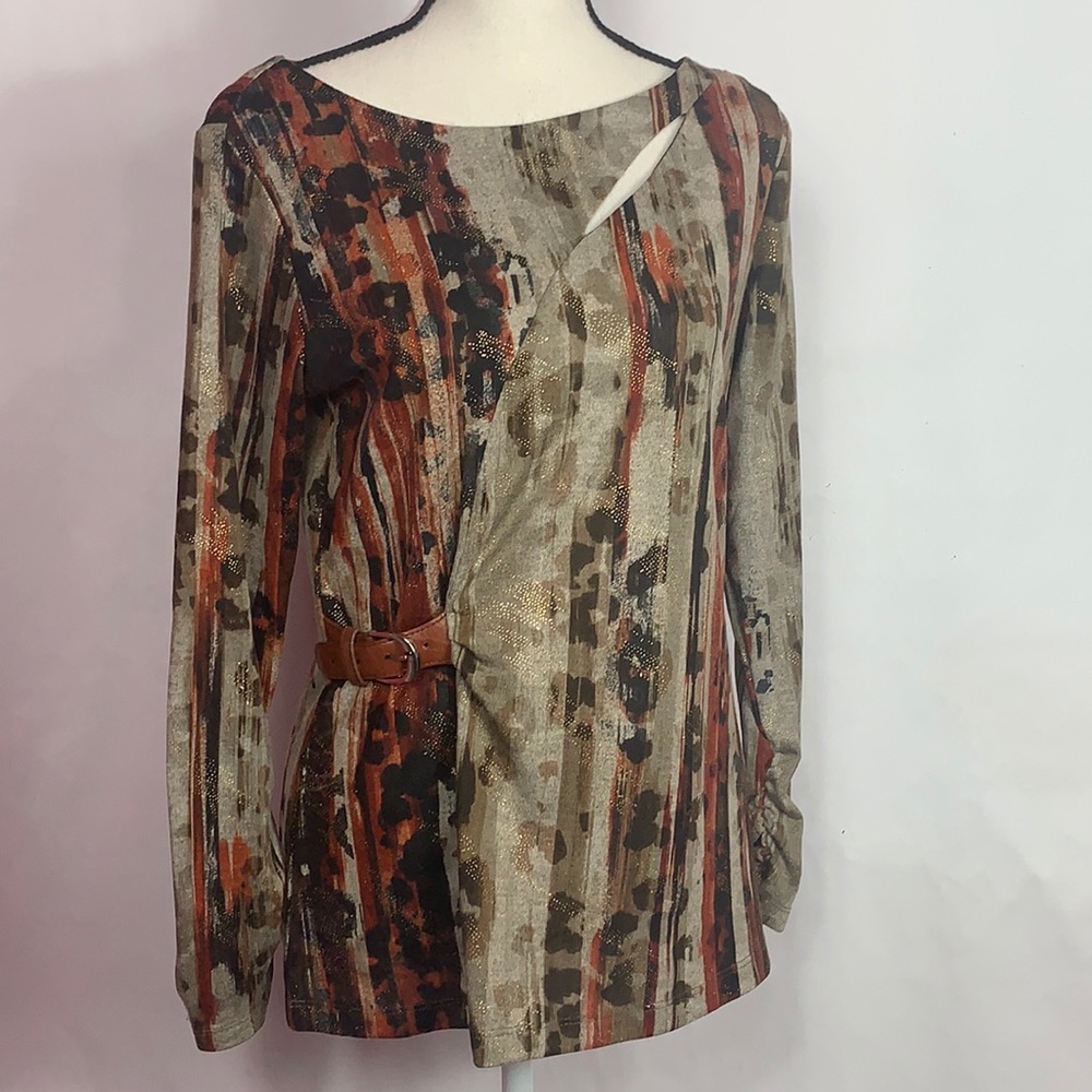 Susan Lawrence animal print long sleeve top side wrap belt front open slit